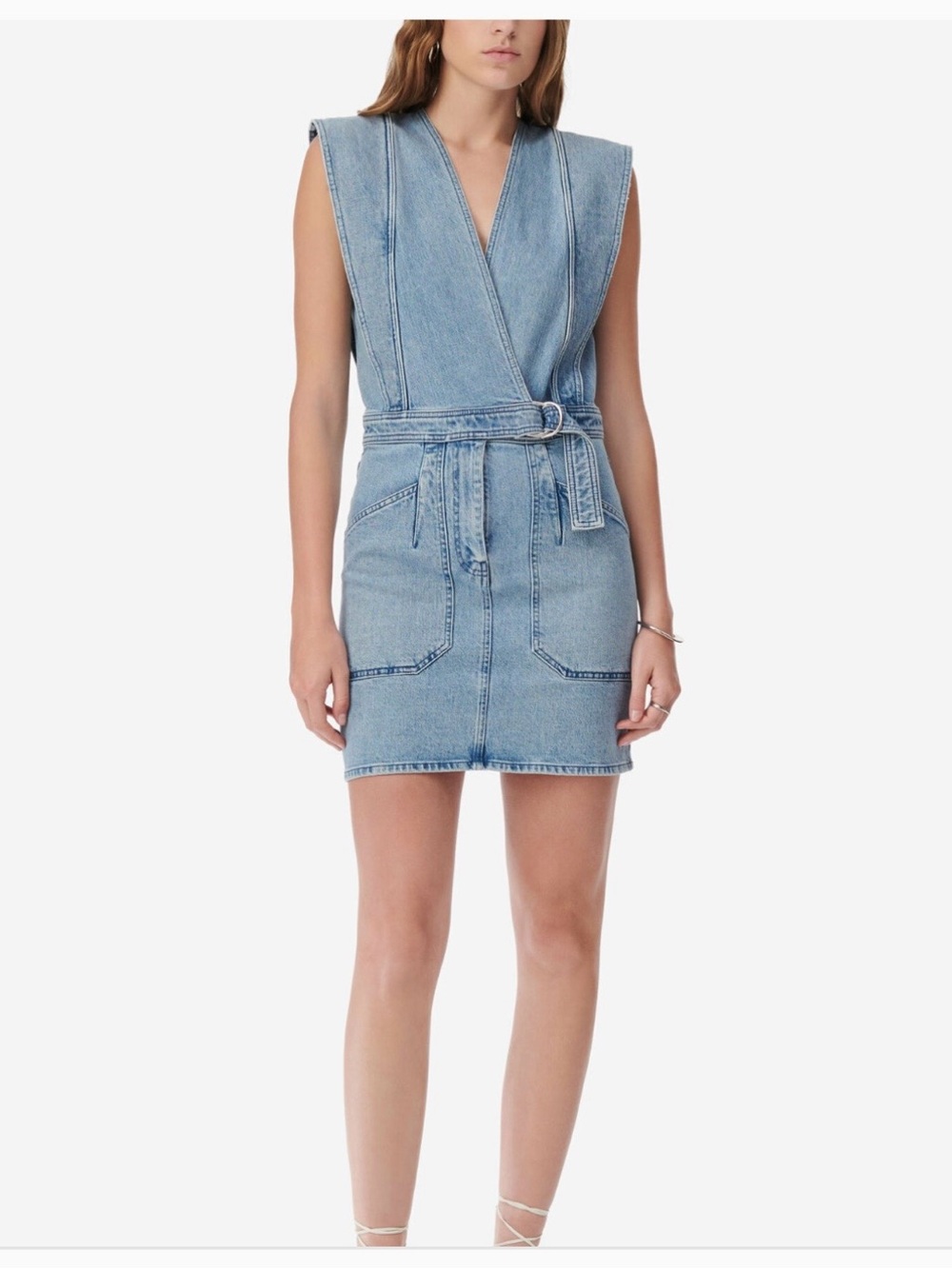 IRO Light Blue Denim Wrap Belted Mini Dress